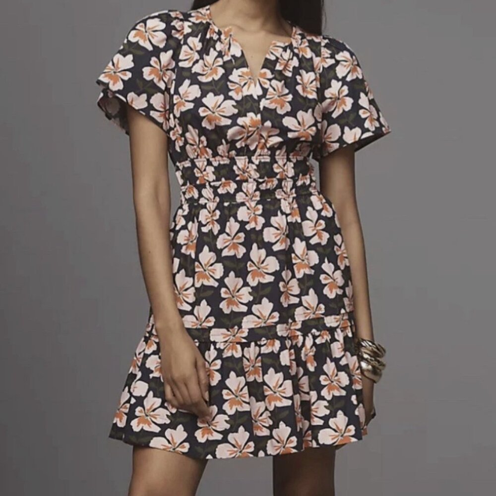 🌸 Anthropologie The Somerset Mini Dress - Floral: Navy and Pink - L